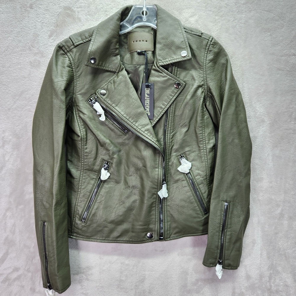 Blank NYC Womens XS Olive Green Faux Leather Moto Jacket Biker Motorcycle New